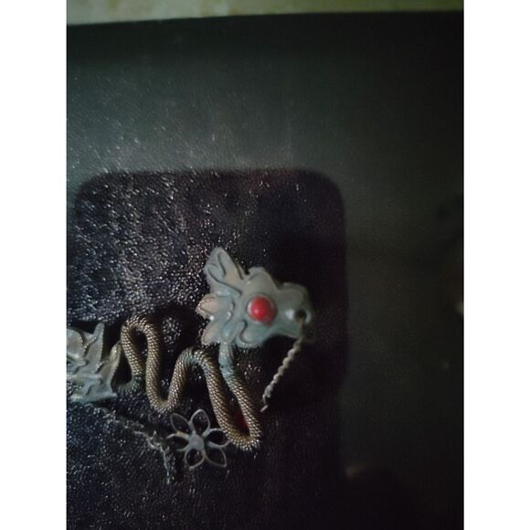 OLD Tibet Silver Hairpin Inlaid Red Coral & Gray Sapphire Dragon in Shadowbox - Picture 3 of 9